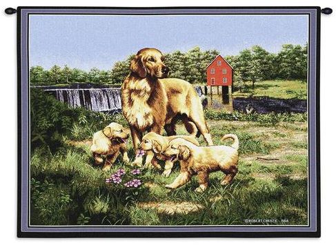Golden Retriever Family Wall Tapestry C-0977, 0977-Wh, 0977C, 0977Wh, 10-29Inchestall, 26H, 30-39Incheswide, 34W, Animal, Carolina, USAwoven, Dogs, Dowel, Family, Golden, Green, Horizontal, Retriever, Tapestry, Wall, Wood, tapestries, tapestrys, hangings, and, the