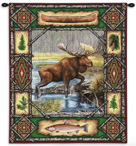 Moose Lodge Rustic Wall Tapestry C-1045, 10-29Incheswide, 1045-Wh, 1045C, 1045Wh, 26W, 30-39Inchestall, 34H, Animal, Brown, Carolina, USAwoven, Dowel, Lodge, Moose, Rustic, Tapestry, Vertical, Wall, Wood, tapestries, tapestrys, hangings, and, the