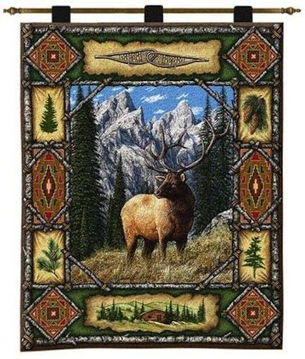 Elk Lodge Wall Tapestry C-1066, 10-29Incheswide, 1066-Wh, 1066C, 1066Wh, 26W, 30-39Inchestall, 34H, Animal, Brown, Carolina, USAwoven, Dowel, Elk, Lodge, Rustic, Tapestry, Vertical, Wall, Wood, tapestries, tapestrys, hangings, and, the
