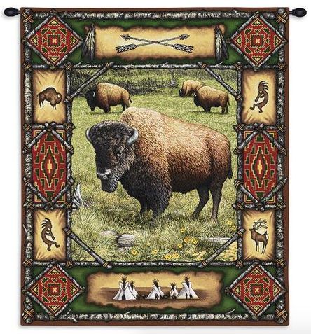Buffalo Lodge Wall Tapestry C-1100, 10-29Incheswide, 1100-Wh, 1100C, 1100Wh, 26W, 30-39Inchestall, 34H, Animal, Brown, Buffalo, Carolina, USAwoven, Dowel, Lodge, Rustic, Tapestry, Vertical, Wall, Wood, tapestries, tapestrys, hangings, and, the