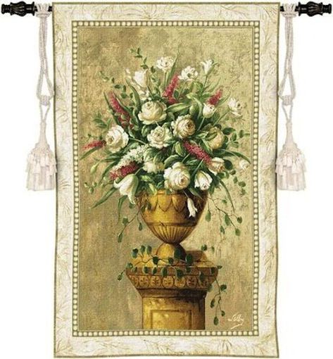 Bouqeut of Flowers on Stand Wall Tapestry C-1109, 1109-Wh, 1109C, 1109Wh, 30-39Incheswide, 38W, 50-59Inchestall, 53H, Art, Botanical, Bouqeut, Brown, Carolina, USAwoven, Cotton, Cream, Floral, Flower, Flowers, Hanging, Of, On, Pedals, Pink, Stand, Tapestries, Tapestry, Urn, Vertical, Wall, White, Woven, tapestries, tapestrys, hangings, and, the