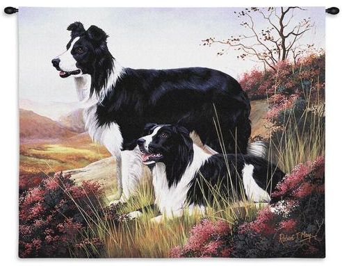 Border Collies Wall Tapestry C-1123, 10-29Inchestall, 1123-Wh, 1123C, 1123Wh, 26H, 30-39Incheswide, 34W, Animal, Black&White, Border, Carolina, USAwoven, Collies, Dogs, Dowel, Horizontal, Mixed, Tapestry, Wall, Wood, tapestries, tapestrys, hangings, and, the