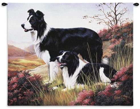 Border Collies Wall Tapestry C-1123, 10-29Inchestall, 1123-Wh, 1123C, 1123Wh, 26H, 30-39Incheswide, 34W, Animal, Black&White, Border, Carolina, USAwoven, Collies, Dogs, Dowel, Horizontal, Mixed, Tapestry, Wall, Wood, tapestries, tapestrys, hangings, and, the