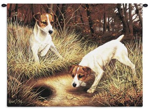 Jack Russells Wall Tapestry C-1129, 10-29Inchestall, 1129-Wh, 1129C, 1129Wh, 26H, 30-39Incheswide, 34W, Animal, Brown, Carolina, USAwoven, Dogs, Dowel, Horizontal, Jack, Russells, Tapestry, Wall, Wood, tapestries, tapestrys, hangings, and, the