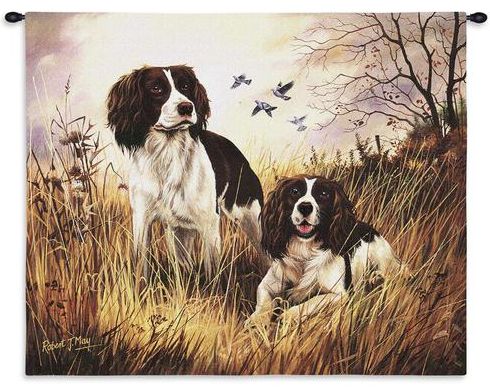 Springer Spaniels Wall Tapestry C-1134, 10-29Inchestall, 1134-Wh, 1134C, 1134Wh, 26H, 30-39Incheswide, 34W, Animal, Brown, Carolina, USAwoven, Dogs, Dowel, Horizontal, Spaniels, Springer, Tapestry, Wall, Wood, tapestries, tapestrys, hangings, and, the