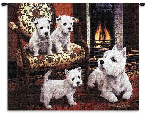 Westies Wall Tapestry C-1135, 10-29Inchestall, 1135-Wh, 1135C, 1135Wh, 26H, 30-39Incheswide, 34W, Animal, Carolina, USAwoven, Dogs, Dowel, Fire, Horizontal, Red, Tapestry, Wall, Westies, White, Wood, tapestries, tapestrys, hangings, and, the