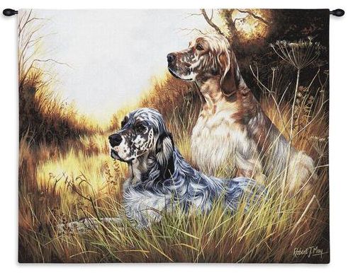 English Setters Wall Tapestry C-1138, 10-29Inchestall, 1138-Wh, 1138C, 1138Wh, 26H, 30-39Incheswide, 34W, Animal, Brown, Carolina, USAwoven, Dogs, Dowel, English, Horizontal, Setters, Tapestry, Wall, Wood, tapestries, tapestrys, hangings, and, the