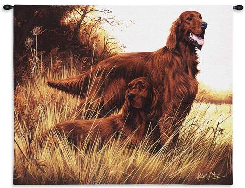Irish Setters Wall Tapestry C-1140, 10-29Inchestall, 1140-Wh, 1140C, 1140Wh, 26H, 30-39Incheswide, 34W, Animal, Brown, Carolina, USAwoven, Dogs, Dowel, Horizontal, Irish, Setters, Tapestry, Wall, Wood, tapestries, tapestrys, hangings, and, the