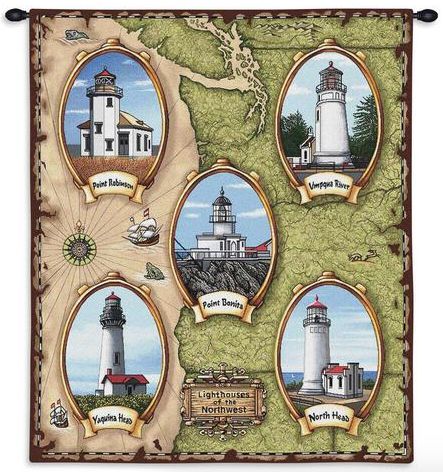 Lighthouses of the Northwest Wall Tapestry C-1336, 10-29Incheswide, 1336-Wh, 1336C, 1336Wh, 26W, 30-39Inchestall, 32H, Beige, Carolina, USAwoven, Coastal, Dowel, Lighthouses, Northwest, Of, Tapestry, The, Vertical, Wall, Wood, tapestries, tapestrys, hangings, and, the