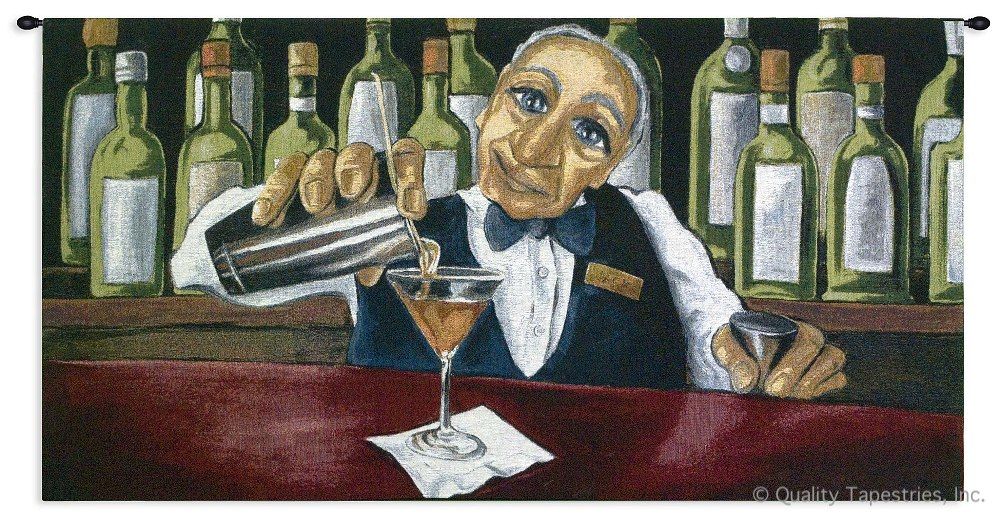 Whimsical Bartender Wall Tapestry C-1434, 1434-Wh, 1434C, 1434Wh, 30-39Inchestall, 37H, 50-59Incheswide, 53W, Abstract, Art, Bartender, Blue, Carolina, USAwoven, Contemporary, Culinary, Green, Hanging, Horizontal, Modern, Red, Tapastry, Tapestries, Tapestry, Tapistry, Wall, Whimsical, tapestries, tapestrys, hangings, and, the