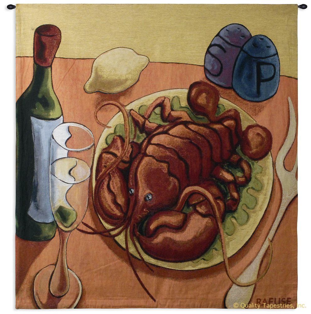 Lobster and Wine Wall Tapestry C-1435, 1435-Wh, 1435C, 1435Wh, 50-59Inchestall, 50-59Incheswide, 53H, 53W, Abstract, And, Art, Carolina, USAwoven, Chef, Colorful, Contemporary, Cook, Culinary, Europe, European, Food, Hanging, Italian, Italy, Kitchen, Lemon, Lobster, Meal, Modern, Red, Restaurant, Ristorante, Square, Tapastry, Tapestries, Tapestry, Tapistry, Tuscan, Wall, Whimsical, Wine, Yellow, tapestries, tapestrys, hangings, and, the