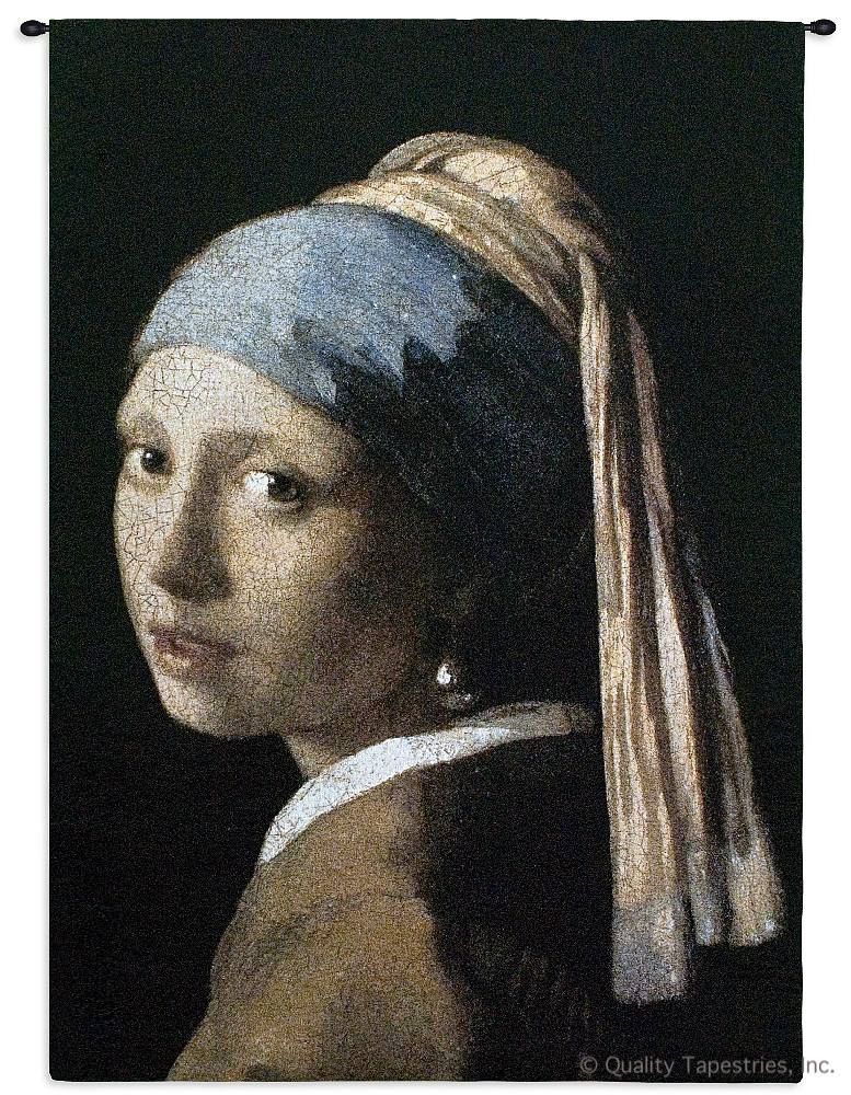 Woman With Pearl Wall Tapestry C-1450, 1450-Wh, 1450C, 1450Wh, 30-39Incheswide, 38W, 50-59Inchestall, 53H, Art, Black, Blue, Carolina, USAwoven, Cotton, Dark, Folks, Girl, Hanging, Lady, Man, Pearl, People, Person, Persons, Tapestries, Tapestry, Vertical, Wall, With, Woman, Women, Woven, tapestries, tapestrys, hangings, and, the