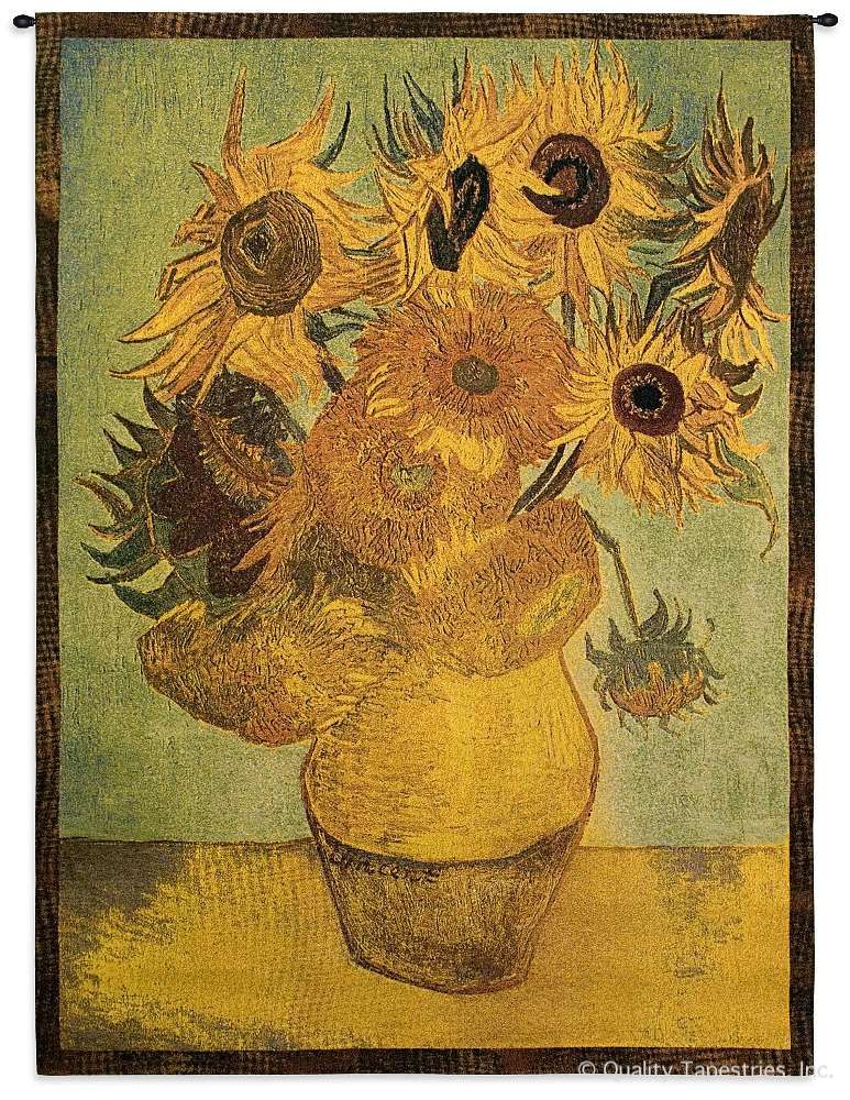 Van Gogh Sunflowers Wall Tapestry C-1494, 1494-Wh, 1494C, 1494Wh, 30-39Incheswide, 38W, 50-59Inchestall, 53H, Abstract, Art, Artist, Botanical, Brown, Carolina, USAwoven, Contemporary, Cotton, Floral, Flower, Flowers, Gogh, Gold, Green, Hanging, In, Modern, Painting, Pedals, Pot, Sunflowers, Tapestries, Tapestry, Van, Vertical, Vincent, Wall, Woven, Yellow, tapestries, tapestrys, hangings, and, the