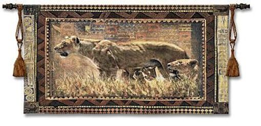 Lioness Protecting Cubs Wall Tapestry C-1505, 1505-Wh, 1505C, 1505Wh, 30-39Inchestall, 38H, 50-59Incheswide, 53W, Animal, Brown, Carolina, USAwoven, Cubs, Horizontal, Lioness, Protecting, Safari, Tapestry, Wall, tapestries, tapestrys, hangings, and, the