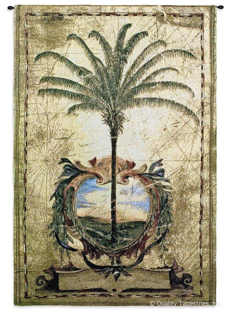 Sunset Palm Tree I Wall Tapestry C-1508, 1508-Wh, 1508C, 1508Wh, 30-39Incheswide, 36W, 50-59Inchestall, 53H, Art, Beige, Border, Brown, Carolina, USAwoven, Cotton, Green, Group, Hanging, I, Old, Palm, Sunset, Tall, Tapestries, Tapestry, Tree, Tropical, Vertical, Vintage, Wall, World, Woven, tapestries, tapestrys, hangings, and, the