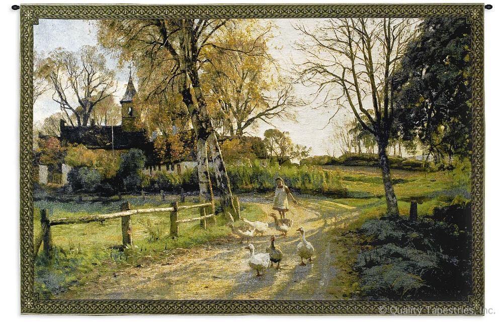 Goose Girl Country Wall Tapestry C-1543, 1543-Wh, 1543C, 1543Wh, 30-39Inchestall, 38H, 50-59Incheswide, 53W, Animal, Animals, Art, Brown, Carolina, USAwoven, Cotton, Country, Earth, Erope, Europe, European, Eurupe, Field, Folks, Girl, Goose, Green, Hanging, Home, Horizontal, Lady, Landscape, Landscapes, Man, People, Person, Persons, Scene, Tapastry, Tapestries, Tapestry, Tapistry, Urope, Wall, Woman, Women, Woven, tapestries, tapestrys, hangings, and, the