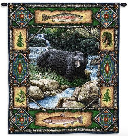 Bear Lodge Wall Tapestry C-1572, 10-29Incheswide, 1572-Wh, 1572C, 1572Wh, 26W, 30-39Inchestall, 34H, Animal, Bear, Black, Carolina, USAwoven, Dowel, Green, Lodge, Mountain, Rustic, Tapestry, Vertical, Wall, Wood, tapestries, tapestrys, hangings, and, the
