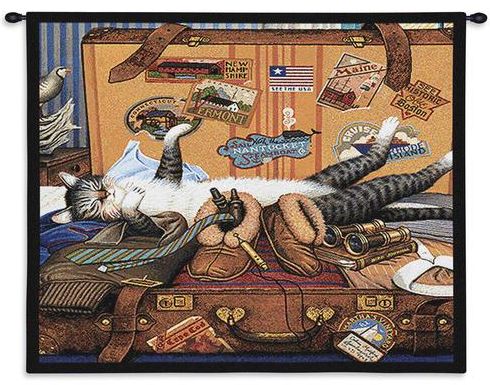 Mabel The Stowaway Cat Wall Tapestry C-1666, 10-29Inchestall, 1666-Wh, 1666C, 1666Wh, 26H, 30-39Incheswide, 34W, Animal, Blue, Carolina, USAwoven, Cat, Cats, Dowel, Horizontal, Mabel, Stowaway, Tapestry, The, Wall, Wood, tapestries, tapestrys, hangings, and, the