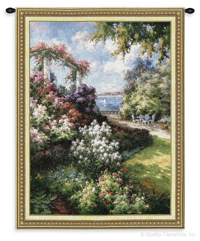 Morning Retreat Garden Wall Tapestry C-1710, 1710-Wh, 1710C, 1710Wh, 40-49Incheswide, 40W, 50-59Inchestall, 53H, Art, Blue, Botanical, Carolina, USAwoven, Cotton, Earth, Erope, Europe, European, Eurupe, Field, Floral, Flower, Flowers, Garden, Green, Hanging, Landscape, Landscapes, Morning, Pedals, Pink, Retreat, Scene, Tapestries, Tapestry, Urope, Vertical, Wall, Woven, tapestries, tapestrys, hangings, and, the