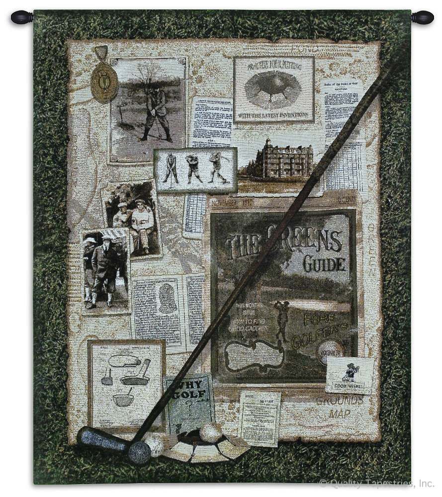 Old Golf Collage II Wall Tapestry C-1761, 10-29Incheswide, 1761-Wh, 1761C, 1761Wh, 27W, 30-39Inchestall, 32H, Art, Beige, Carolina, USAwoven, Collage, Cotton, Golf, Golfing, Green, Group, Hanging, Ii, Old, Sports, Tapestries, Tapestry, Vertical, Wall, World, Woven, tapestries, tapestrys, hangings, and, the