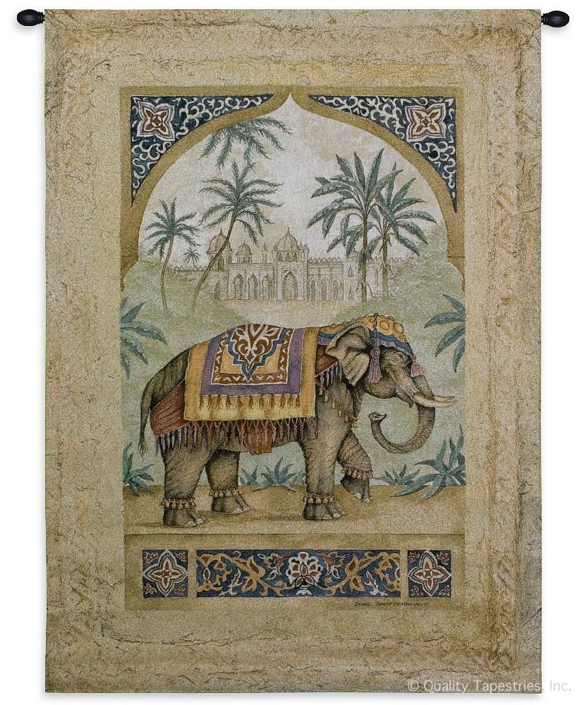 Royal Indian Elephant I Wall Tapestry C-1762, 1762-Wh, 1762C, 1762Wh, 30-39Incheswide, 38W, 50-59Inchestall, 53H, Animal, Animals, Art, Blue, Carolina, USAwoven, Cotton, Elephant, Group, Hanging, I, Indian, Red, Royal, Tapastry, Tapestries, Tapestry, Tapistry, Vertical, Wall, Woven, Yellow, tapestries, tapestrys, hangings, and, the