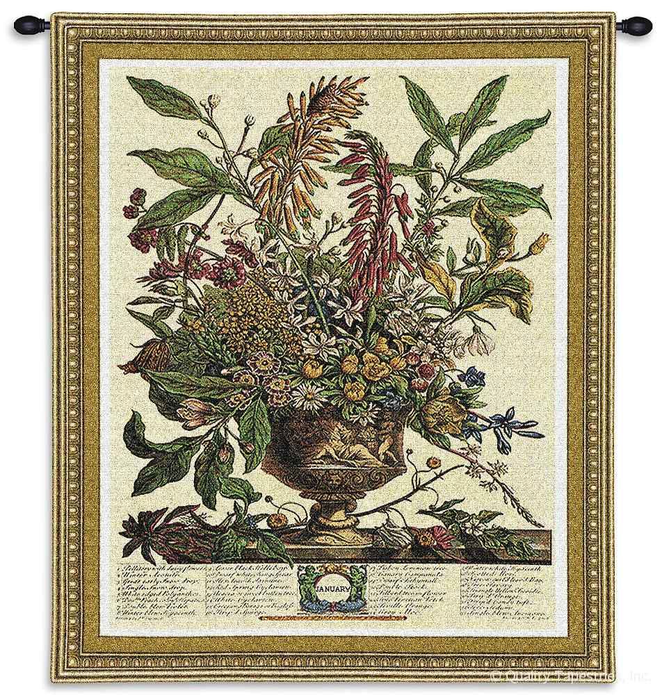 January Botanical Wall Tapestry C-1798, 10-29Incheswide, 1798-Wh, 1798C, 1798Wh, 26W, 30-39Inchestall, 34H, Border, Botanical, Carolina, USAwoven, Cream, Floral, Green, January, Tapestry, Vertical, Wall, tapestries, tapestrys, hangings, and, the