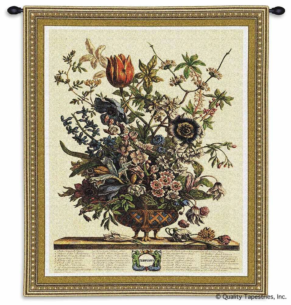 February Botanical Wall Tapestry C-1799, 10-29Incheswide, 1799-Wh, 1799C, 1799Wh, 26W, 30-39Inchestall, 32H, Border, Botanical, Carolina, USAwoven, Cream, February, Floral, Tapestry, Vertical, Wall, tapestries, tapestrys, hangings, and, the