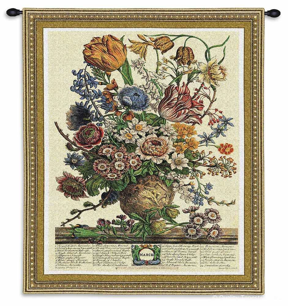 March Botanical Wall Tapestry C-1800, 10-29Incheswide, 1800-Wh, 1800C, 1800Wh, 26W, 30-39Inchestall, 32H, Border, Botanical, Carolina, USAwoven, Cream, Floral, March, Tapestry, Vertical, Wall, tapestries, tapestrys, hangings, and, the