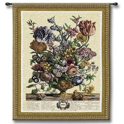 April Botanical Wall Tapestry C-1801, 10-29Incheswide, 1801-Wh, 1801C, 1801Wh, 26W, 30-39Inchestall, 32H, April, Border, Botanical, Carolina, USAwoven, Cream, Floral, Tapestry, Vertical, Wall, tapestries, tapestrys, hangings, and, the