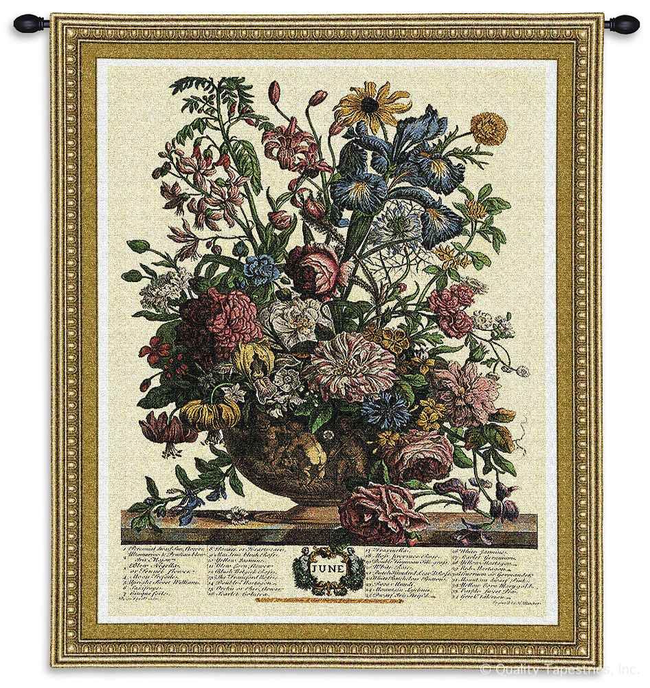June Botanical Wall Tapestry C-1803, 10-29Incheswide, 1803-Wh, 1803C, 1803Wh, 26W, 30-39Inchestall, 32H, Border, Botanical, Carolina, USAwoven, Cream, Floral, June, Tapestry, Vertical, Wall, tapestries, tapestrys, hangings, and, the