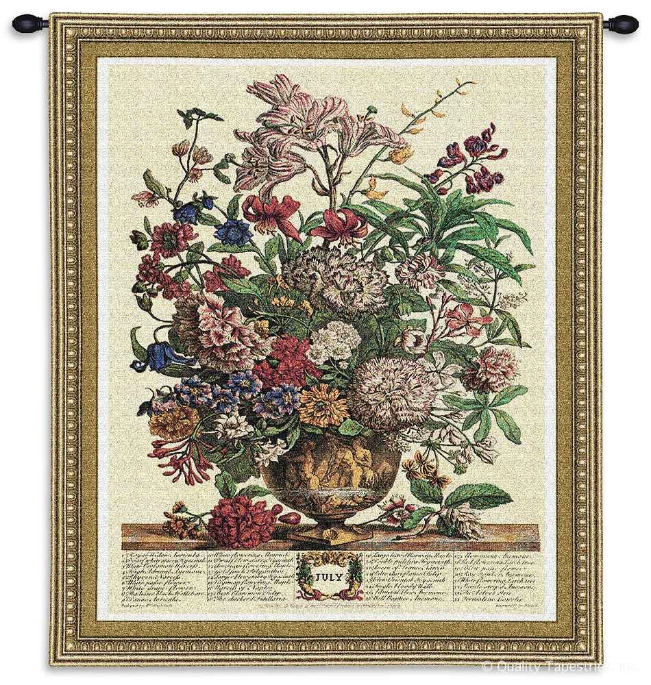 July Botanical Wall Tapestry C-1804, 10-29Incheswide, 1804-Wh, 1804C, 1804Wh, 26W, 30-39Inchestall, 32H, Border, Botanical, Carolina, USAwoven, Cream, Floral, July, Tapestry, Vertical, Wall, tapestries, tapestrys, hangings, and, the