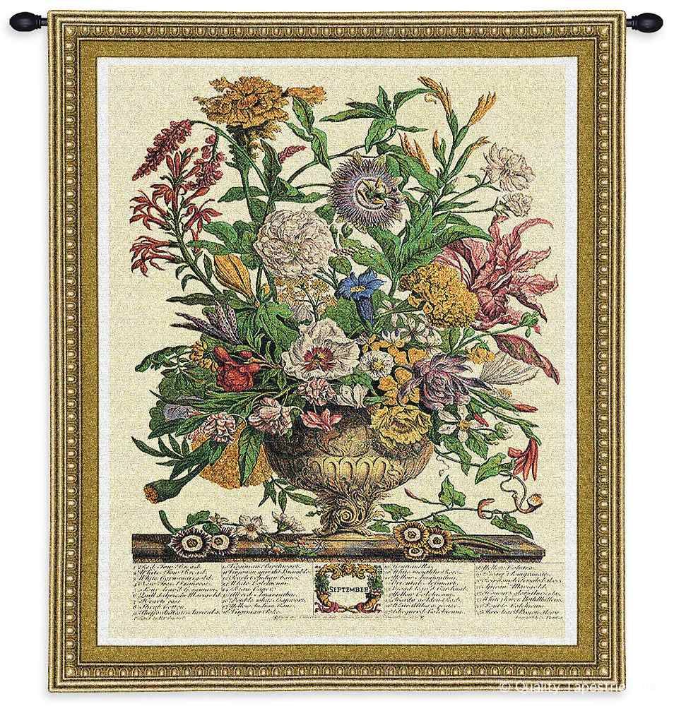September Botanical Wall Tapestry C-1806, 10-29Incheswide, 1806-Wh, 1806C, 1806Wh, 26W, 30-39Inchestall, 32H, Border, Botanical, Carolina, USAwoven, Cream, Floral, September, Tapestry, Vertical, Wall, tapestries, tapestrys, hangings, and, the