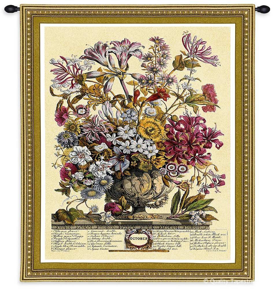 October Botanical Wall Tapestry C-1807, 10-29Incheswide, 1807-Wh, 1807C, 1807Wh, 26W, 30-39Inchestall, 32H, Border, Botanical, Carolina, USAwoven, Cream, Floral, October, Pink, Tapestry, Vertical, Wall, tapestries, tapestrys, hangings, and, the