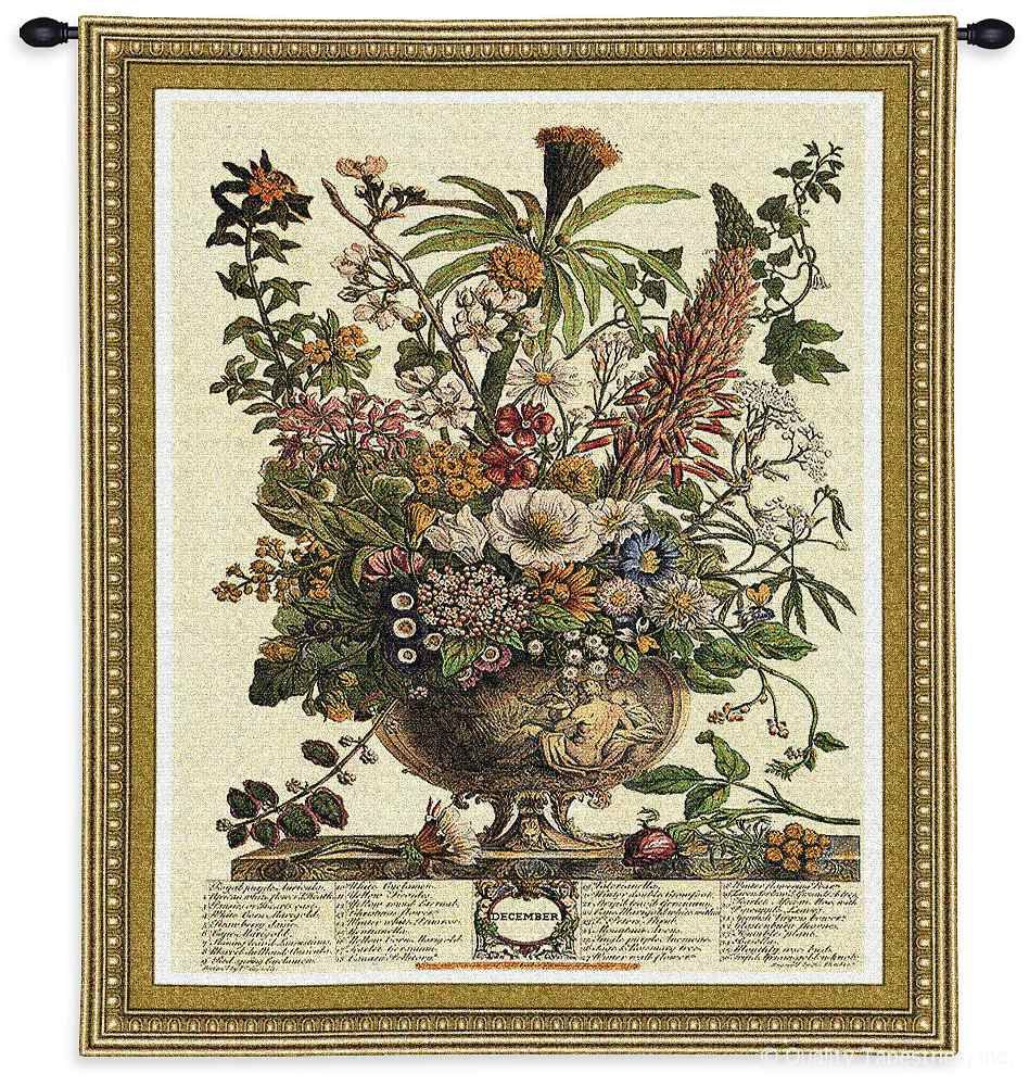 December Botanical Wall Tapestry C-1809, 10-29Incheswide, 1809-Wh, 1809C, 1809Wh, 26W, 30-39Inchestall, 32H, Border, Botanical, Carolina, USAwoven, Cream, December, Floral, Tapestry, Vertical, Wall, tapestries, tapestrys, hangings, and, the