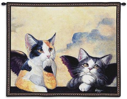 Cherub Cats Wall Tapestry C-1857, 10-29Inchestall, 1857-Wh, 1857C, 1857Wh, 26H, 30-39Incheswide, 34W, Animal, Border, Brown, Carolina, USAwoven, Cats, Cherub, Cream, Dowel, Horizontal, Tapestry, Wall, Wood, tapestries, tapestrys, hangings, and, the