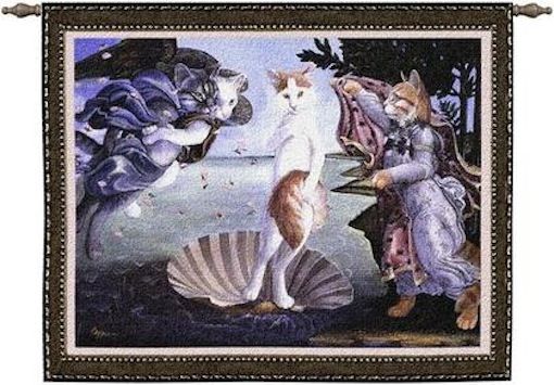 Kitty on a Half Shell Wall Tapestry C-1885, 10-29Inchestall, 1885-Wh, 1885C, 1885Wh, 26H, 30-39Incheswide, 34W, A, Animal, Blue, Border, Carolina, USAwoven, Dowel, Half, Horizontal, Kitty, On, Shell, Tapestry, Wall, Wood, tapestries, tapestrys, hangings, and, the