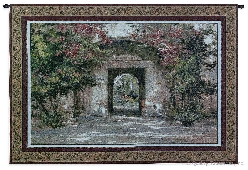 Flowered Doorway Wall Tapestry C-1892, 1892-Wh, 1892C, 1892Wh, 40-49Inchestall, 40H, 50-59Incheswide, 53W, Border, Brown, Carolina, USAwoven, Doorway, Floral, Flowered, Horizontal, Pink, Tapestry, Wall, tapestries, tapestrys, hangings, and, the