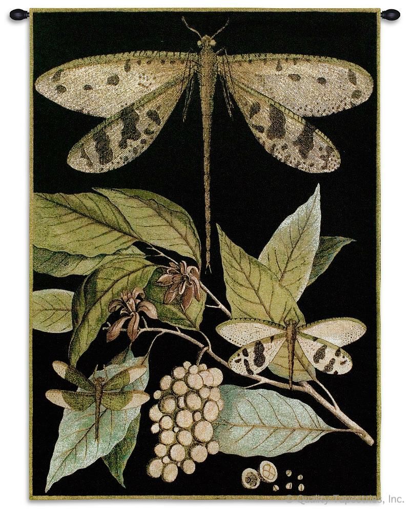 Whimsical Dragonfly I Wall Tapestry C-1895, 1895-Wh, 1895C, 1895Wh, 30-39Incheswide, 38W, 50-59Inchestall, 53H, Animal, Black, Carolina, USAwoven, Dragonfly, Grapes, Green, Group, I, Tapestry, Vertical, Wall, Whimsical, tapestries, tapestrys, hangings, and, the