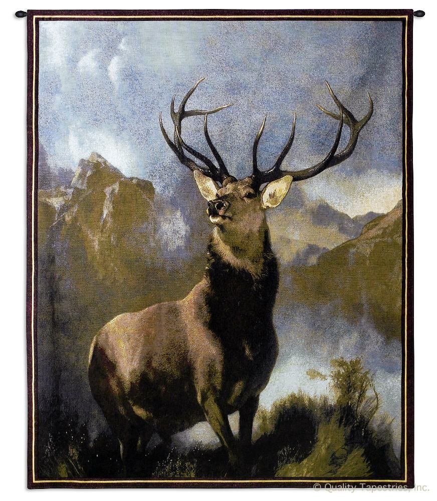 Buck on the Mountain Wall Tapestry C-1920, 1920-Wh, 1920C, 1920Wh, 40-49Incheswide, 42W, 50-59Inchestall, 53H, Animal, Animals, Antlers, Art, Buck, Carolina, USAwoven, Cotton, Deer, Elk, Green, Hanging, Male, Mountain, On, Side, Tapastry, Tapestries, Tapestry, Tapistry, The, Vertical, Wall, Woven, tapestries, tapestrys, hangings, and, the