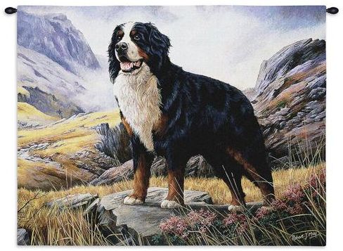 Bernese Mountain Dog Wall Tapestry C-1935, 10-29Inchestall, 1935-Wh, 1935C, 1935Wh, 26H, 30-39Incheswide, 34W, Animal, Bernese, Black, Blue, Carolina, USAwoven, Dog, Dowel, Horizontal, Mountain, Tapestry, Wall, Wood, Yellow, tapestries, tapestrys, hangings, and, the