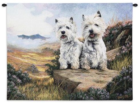West Highland Terrier Wall Tapestry C-2008, 10-29Inchestall, 2008-Wh, 2008C, 2008Wh, 26H, 30-39Incheswide, 34W, Animal, Blue, Carolina, USAwoven, Dog, Dowel, Highland, Horizontal, Tapestry, Terrier, Wall, West, White, Wood, tapestries, tapestrys, hangings, and, the