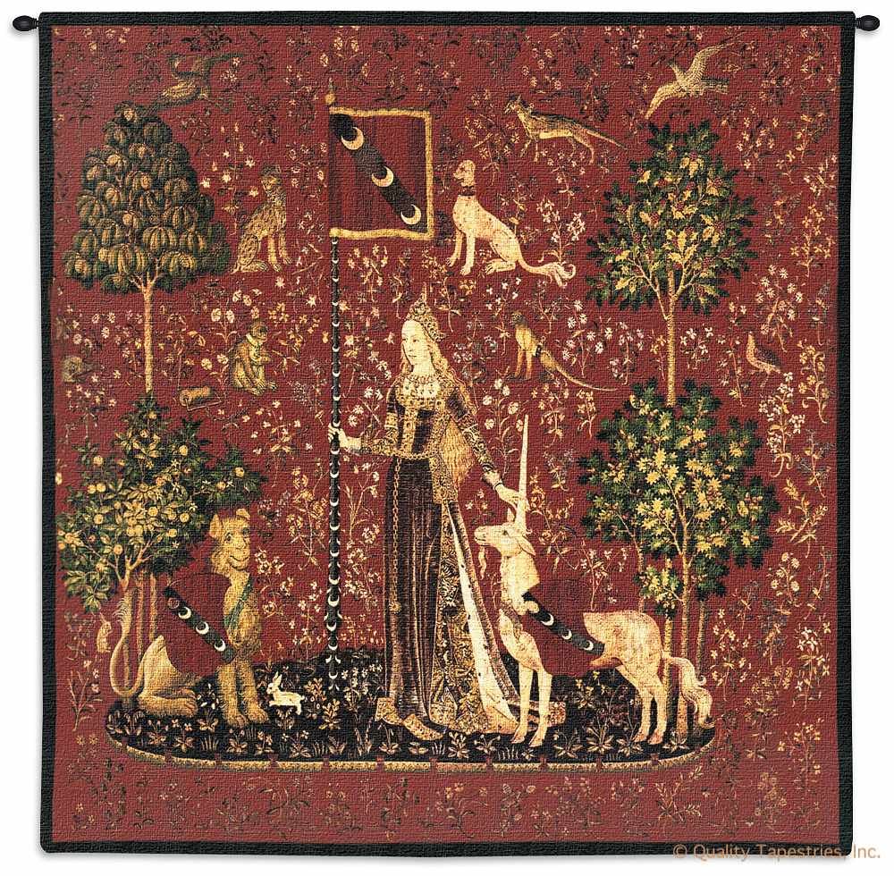 Lady and the Unicorn Sense of Touch Red Wall Tapestry C-2056, 15Th, 2056-Wh, 2056C, 2056Wh, 50-59Inchestall, 50-59Incheswide, 53W, 56H, Ancient, And, Antique, Art, Belgian, Belgium, Carolina, USAwoven, Century, Chenille, Cotton, Europe, European, Famous, Flemish, Horse, Lady, Large, Masterpiece, Medieval, New, Of, Old, Olde, Red, Reproduction, Sense, Square, Tapestries, Tapestry, Tapistry, The, Touch, Unicorn, Vintage, Wall, With, Woman, World, tapestries, tapestrys, hangings, and, the