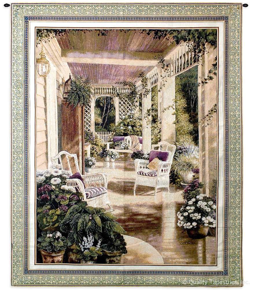 Southern Comfort Porch Wall Tapestry C-2081, 2081-Wh, 2081C, 2081Wh, 40-49Incheswide, 42W, 50-59Inchestall, 53H, Art, Botanical, Carolina, USAwoven, Comfort, Cotton, Floral, Flower, Flowers, Green, Hanging, Home, Pedals, Porch, Southern, Tapestries, Tapestry, Vertical, Wall, Woven, vintage, betsy, brown, tapestries, tapestrys, hangings, and, the