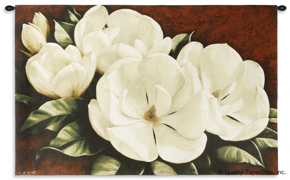 Magnolia Crimson Wall Tapestry C-2125, 2125-Wh, 2125C, 2125Wh, 30-39Inchestall, 33H, 50-59Incheswide, 53W, Art, S, Bold, Botanical, Carolina, USAwoven, Cotton, Cream, Crimson, Floral, Flower, Flowers, Hanging, Horizontal, Magnolia, Pedals, Red, Seller, Tapestries, Tapestry, Wall, White, Woven, Woven, Bestseller, tapestries, tapestrys, hangings, and, the
