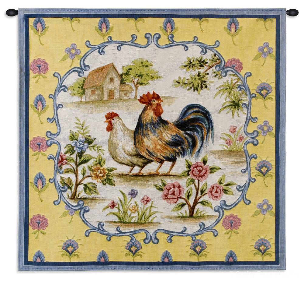 Country Roosters Wall Tapestry C-2163, Carolina, USAwoven, Tapestry, Animal, Yellow, Blue, 50-59Incheswide, 50-59Inchestall, Square, Cotton, Woven, Wall, Hanging, Tapestries, tapestries, tapestrys, hangings, and, the