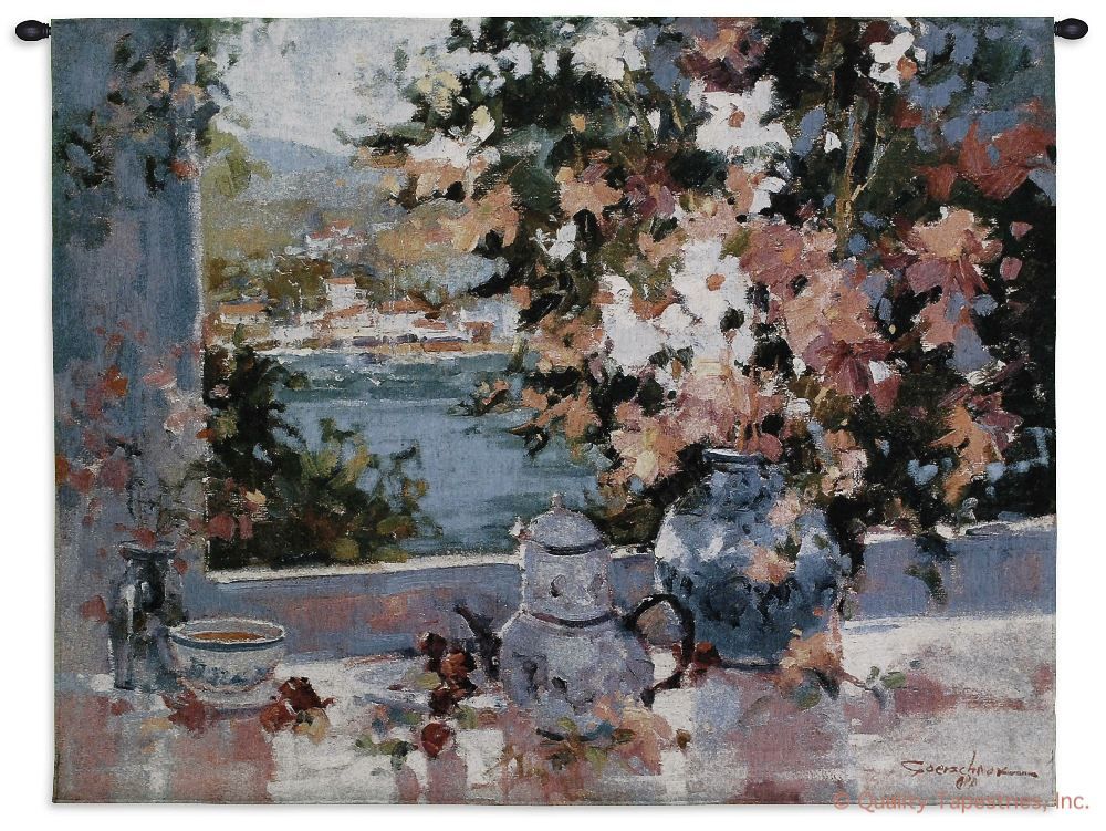 Window View Floral Wall Tapestry C-2208, 2208-Wh, 2208C, 2208Wh, 40-49Inchestall, 40H, 50-59Incheswide, 53W, Art, Botanical, Bouquet, Carolina, USAwoven, Cotton, Floral, Flower, Flowers, Hanging, Horizontal, Of, Pedals, Pink, Red, Tapestries, Tapestry, View, Wall, White, Window, Woven, tapestries, tapestrys, hangings, and, the