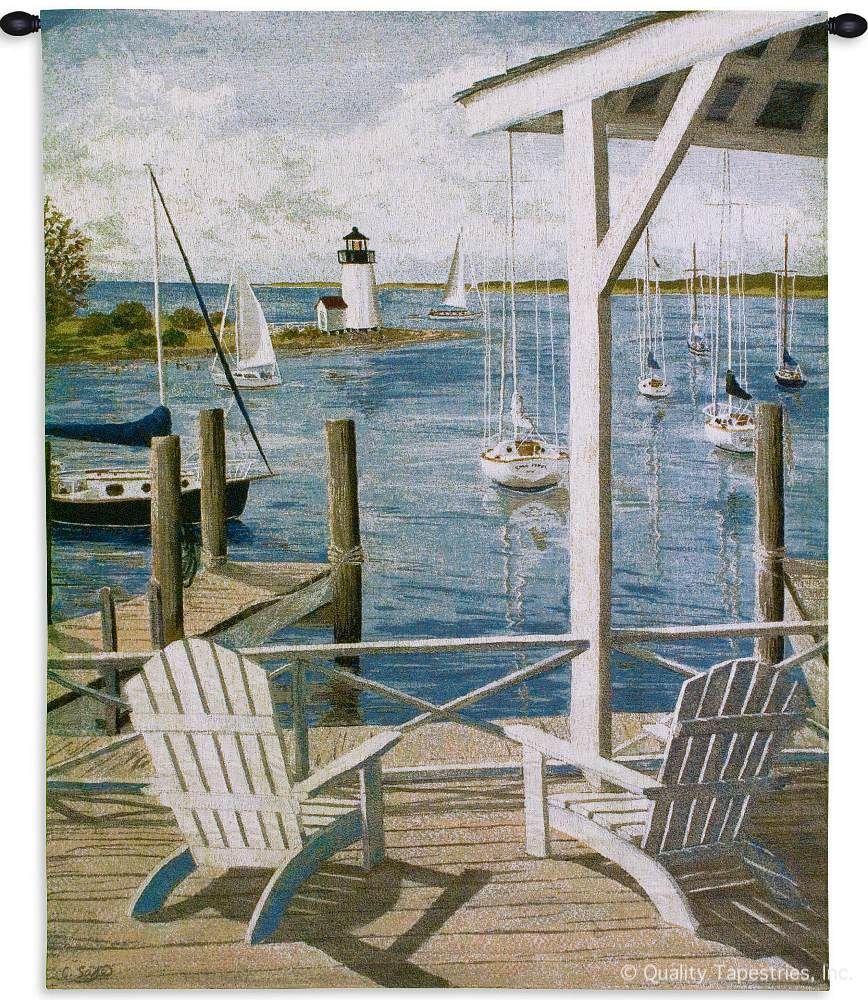 Lighthouse View Wall Tapestry C-2217, 2217-Wh, 2217C, 2217Wh, 40-49Incheswide, 40W, 50-59Inchestall, 53H, Art, Beach, Blue, Carolina, USAwoven, Chairs, Coast, Coastal, Cotton, Deck, Estate, Hanging, Home, Lighthouse, Ocean, On, Pier, Scene, Sea, Tapestries, Tapestry, Vertical, View, Wall, White, Woven, tapestries, tapestrys, hangings, and, the