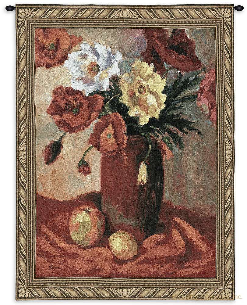 Earthenware Poppies Wall Tapestry C-2266, Carolina, USAwoven, Tapestry, Still, Life, Abstract, Orange, Red, Yellow, Flowers, 40-49Incheswide, 50-59Inchestall, Vertical, Cotton, Woven, Wall, Hanging, Tapestries, tapestries, tapestrys, hangings, and, the
