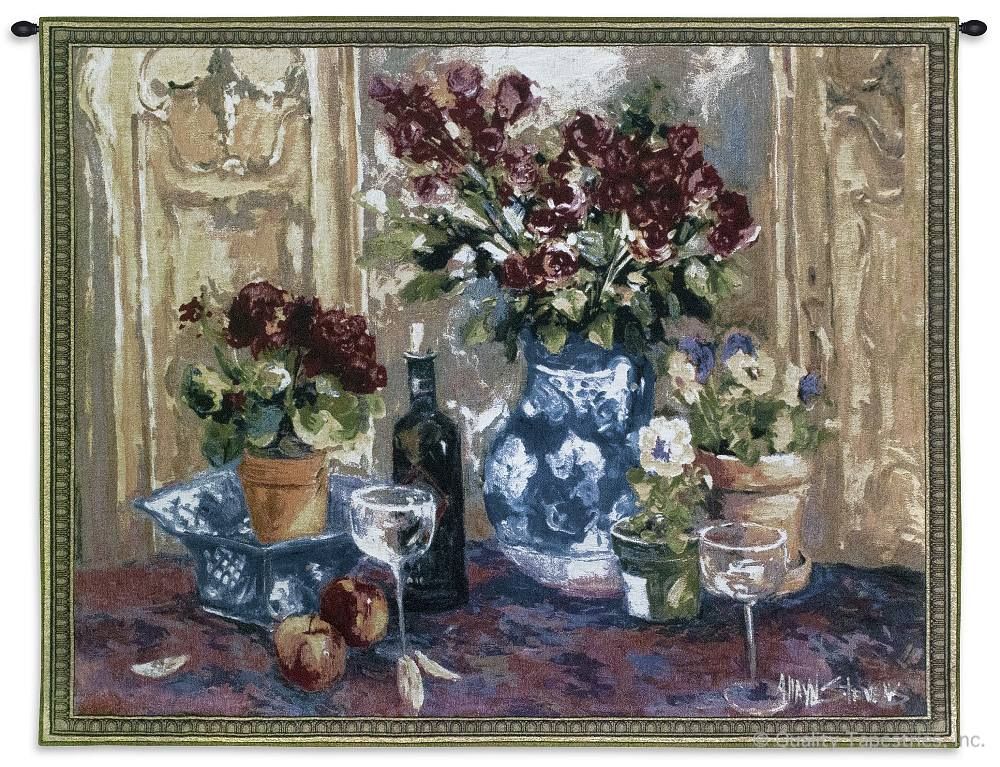 Red Roses With Wine Wall Tapestry C-2273, 2273-Wh, 2273C, 2273Wh, 40-49Inchestall, 40H, 50-59Incheswide, 53W, Abstract, Alcohol, Art, Carolina, USAwoven, Contemporary, Cotton, Floral, Hanging, Horizontal, Life, Modern, Red, Roses, Spirits, Still, Tapastry, Tapestries, Tapestry, Tapistry, Vineyard, Wall, Wine, With, Woven, tapestries, tapestrys, hangings, and, the