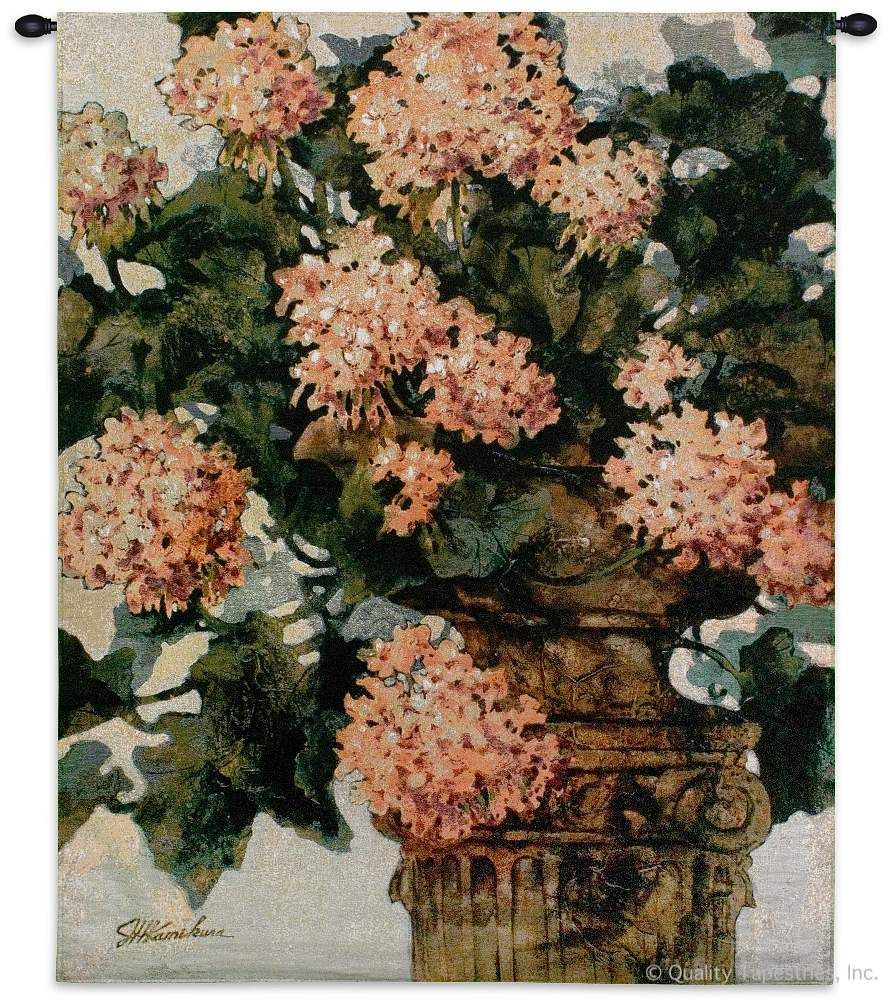 Geranium Bouquet Wall Tapestry C-2312, 2312-Wh, 2312C, 2312Wh, 40-49Incheswide, 42W, 50-59Inchestall, 53H, Art, Botanical, Bouquet, Carolina, USAwoven, Cotton, Floral, Flower, Flowers, Geranium, Geraniums, Green, Hanging, Of, Pedals, Pink, Tapestries, Tapestry, Vertical, Wall, White, Woven, tapestries, tapestrys, hangings, and, the